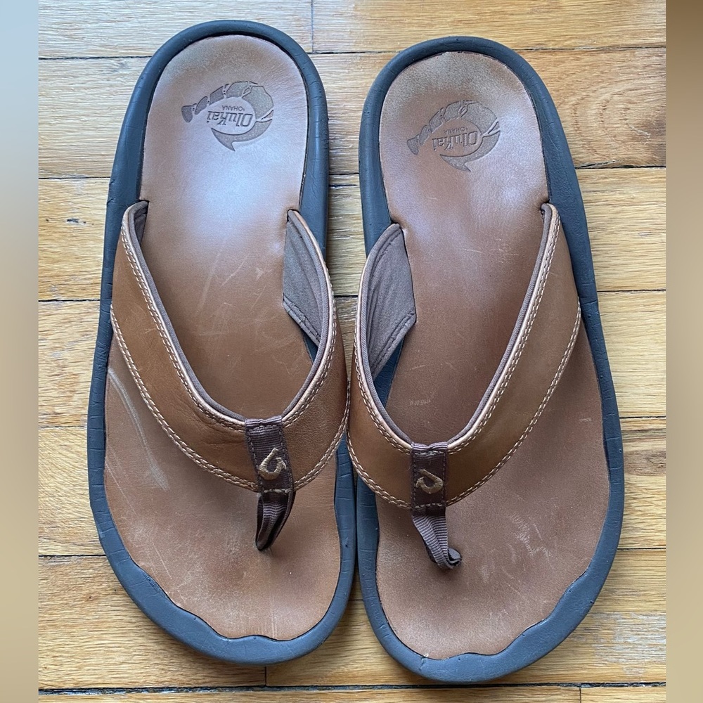Olukai Ohana Brown Leather Flip Flops